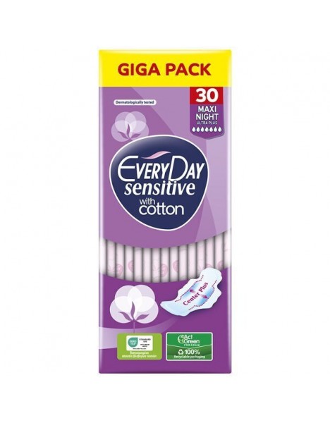 EveryDay Sensitive With Cotton Maxi Night Σερβιέτες με Φτερά 7 Σταγόνες Giga Pack 30 Τεμάχια