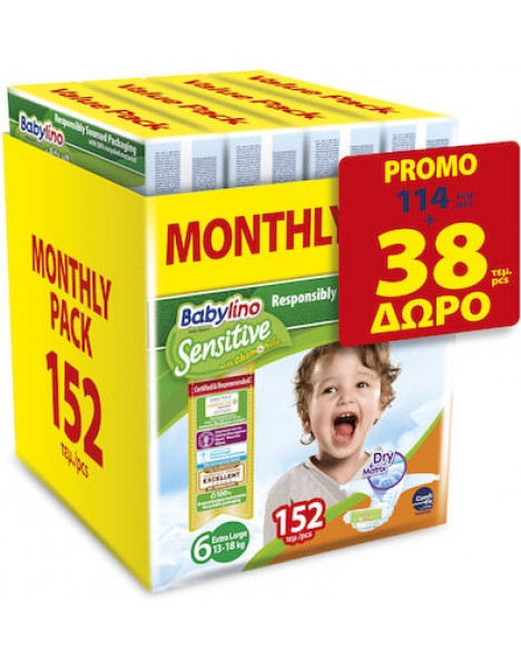 Babylino Πάνες με Αυτοκόλλητο Sensitive No. 6 για 13-18kg 152τμχ