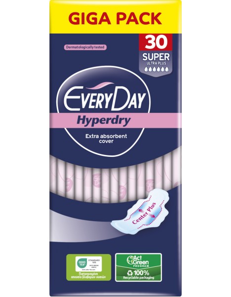 EveryDay Hyperdry Super Ultra Plus Σερβιέτες με Φτερά 6 Σταγόνες Giga Pack 30 Τεμάχια