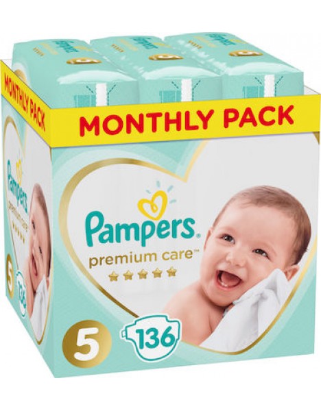 Pampers Premium Care Monthly Pack - Πάνες Μέγεθος 5 (Junior) 11-16 kg, 136 τεμάχια