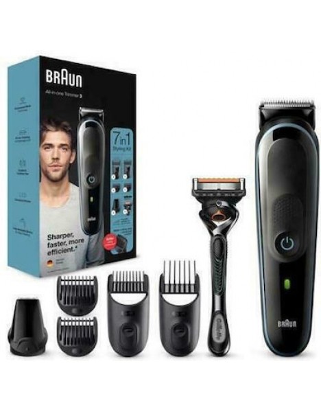 Braun All-In-One Trimmer 3 7 in 1 Επαναφορτιζόμενη Κουρευτική Μηχανή Μαύρη MGK3345