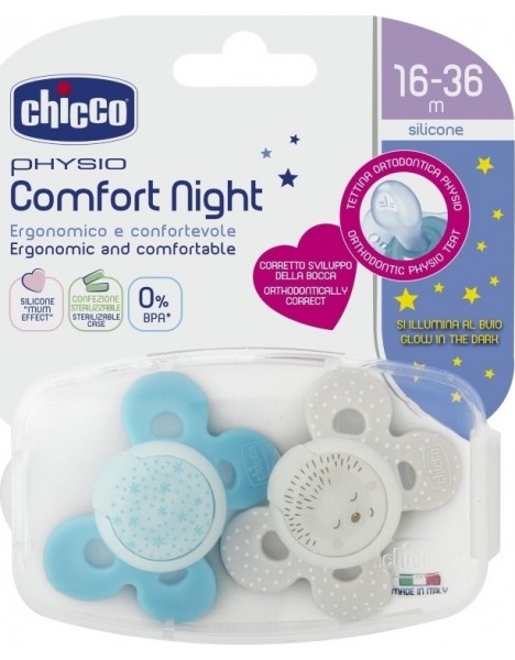 Chicco Physio Comfort Night 16-36m Σιέλ/Γκρι Σιλικόνης 2τμχ 
