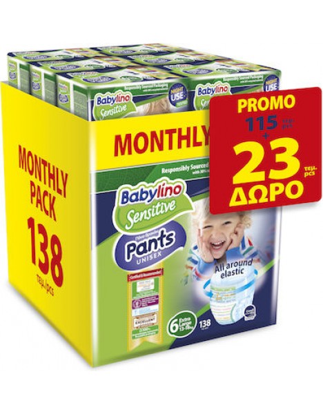 Babylino Pants Unisex No.6 Extra Large (13-18 kg) Promo Βρεφικές Πάνες Βρακάκι, 138τεμ