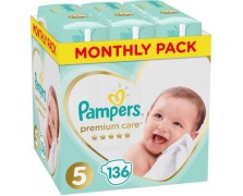 Pampers Premium Care Monthly Pack - Πάνες Μέγεθος 5 (Junior) 11-16 kg, 136 τεμάχια