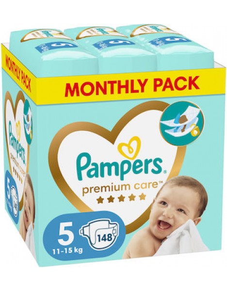 Pampers Premium Care Πάνες με Αυτοκόλλητο No. 5 για 11-16kg 148τμχ Monthly Pack
