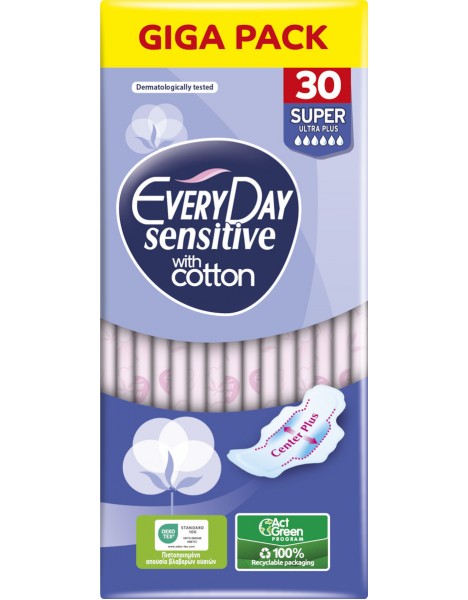 EveryDay Sensitive With Cotton Super Ultra Plus Σερβιέτες με Φτερά 6 Σταγόνες Giga Pack 30 Τεμάχια