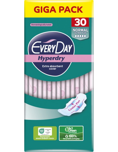 EveryDay Hyperdry Normal Ultra Plus Σερβιέτες με Φτερά 5 Σταγόνες Giga Pack 30 Τεμάχια