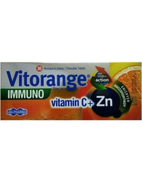 Uni-Pharma Vitorange Immuno Vitamin C + Zn Βιταμίνη για Ενέργεια & Ανοσοποιητικό Πορτοκάλι 30 μασώμε