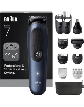 Braun All-in-one Series 7 Σετ Επαναφορτιζόμενης Κουρευτικής Μηχανής Μαύρο-Μπλε AIO7540