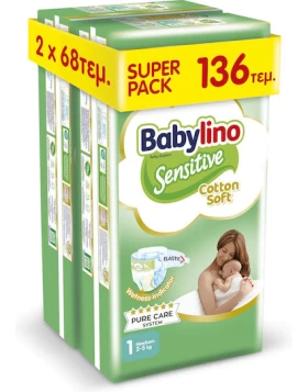 Babylino Sensitive Cotton Soft Super Pack Newborn Νο1 (2-5kg) 136 Τεμάχια (2x68 Τεμάχια)