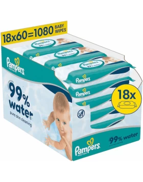 Pampers 99% Water Μωρομάντηλα - 18 Συσκευασίες x 60 Μωρομάντηλα (1080 τεμάχια) 