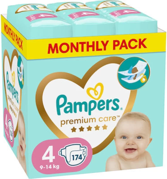 Pampers Premium Care Monthly Pack No.4 (9-14kg) Βρεφικές Πάνες, 174τεμ